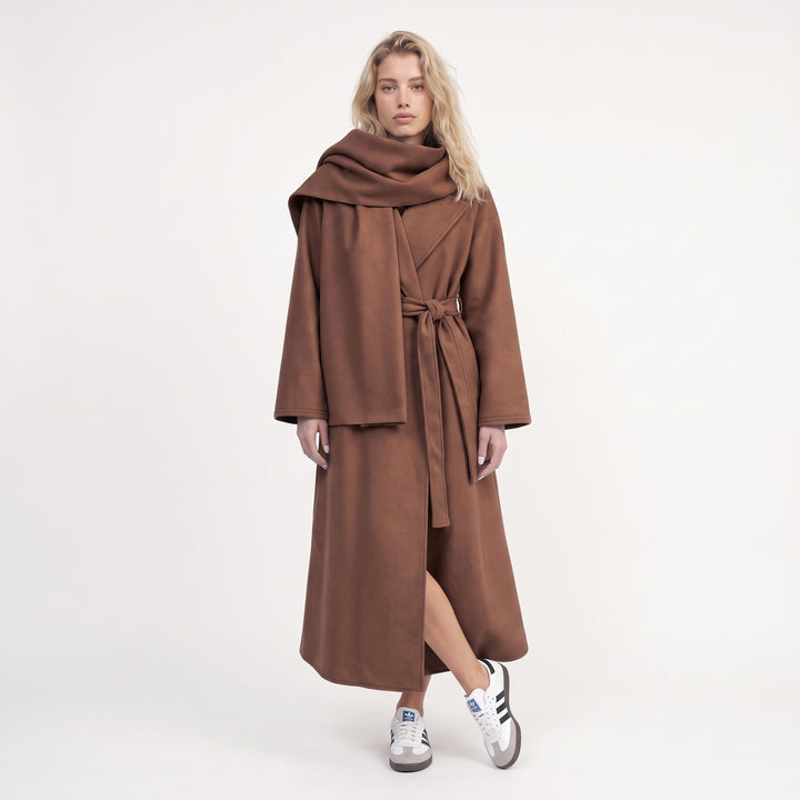 MH {AMANI} Deluxe Wool blend Two Piece Belted Trench With Detachable Scarf Coat, One Size Uk 10-20, Length 48 inches, chest25 inches