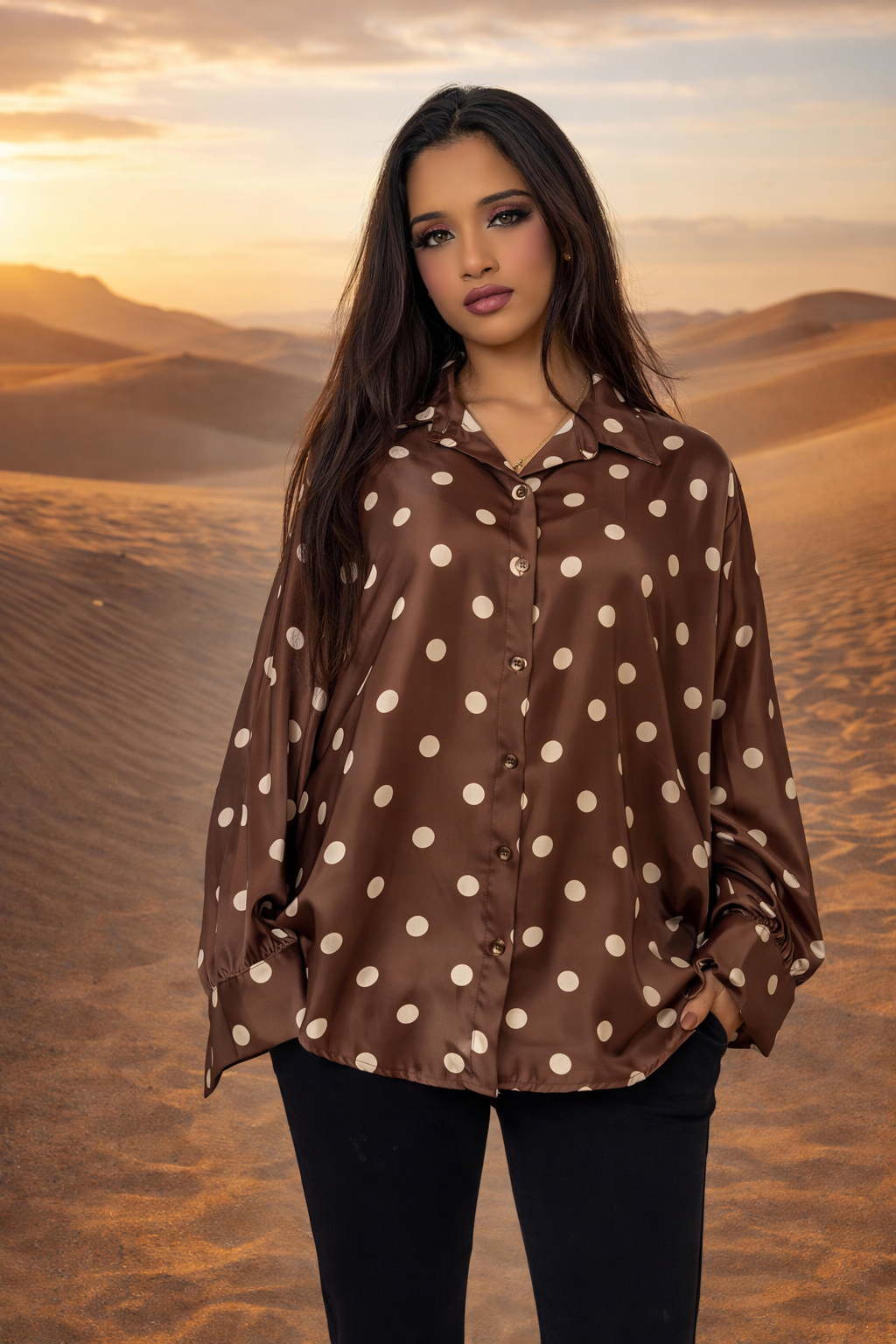 MH Silk Satin Collared Neck Polka Dot Shirt, One Size UK 8 to 18, length 25 inches, chest size 24 inches Top Womenswear Collared