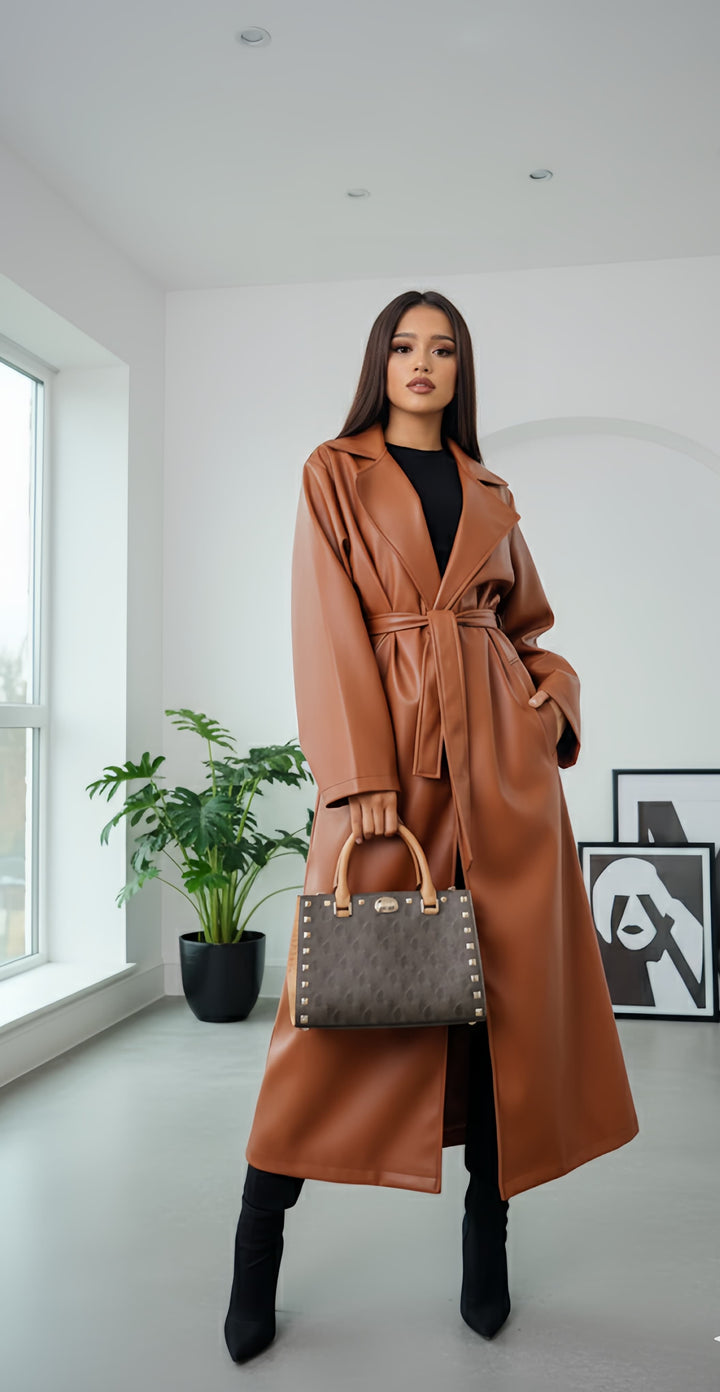 Leather Trench Coat WITH BELT & POCKETS Faux Leather