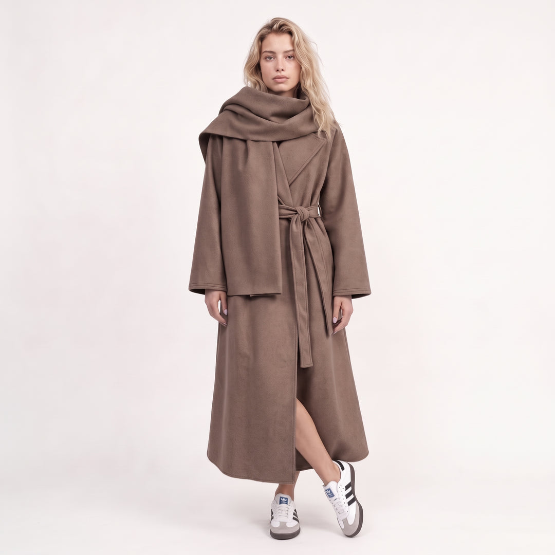 MH {AMANI} Deluxe Wool blend Two Piece Belted Trench With Detachable Scarf Coat, One Size Uk 10-20, Length 48 inches, chest25 inches