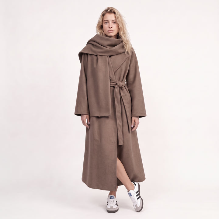 MH {AMANI} Deluxe Wool blend Two Piece Belted Trench With Detachable Scarf Coat, One Size Uk 10-20, Length 48 inches, chest25 inches