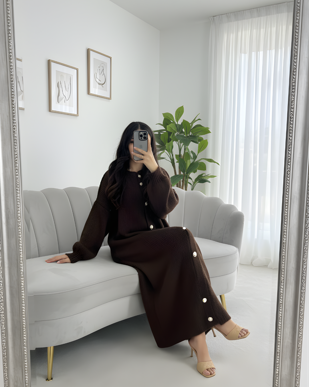 Mist House Eliana Wool Knit Long Gold Button Cardigan One Size UK 10-22 , Stretchable length 45 inches, bust size 26 inchess Knitwear Womenswear Knitting Long Sleeve