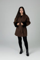 Mist House Fashion Women's Premium Lapel Coat with Faux Fur Sleeves, Belt & Pockets
