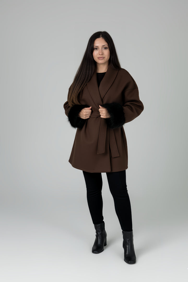 Mist House Fashion Women's Premium Lapel Coat with Faux Fur Sleeves, Belt & Pockets - Women's Jacket - Womenswear, Jackets