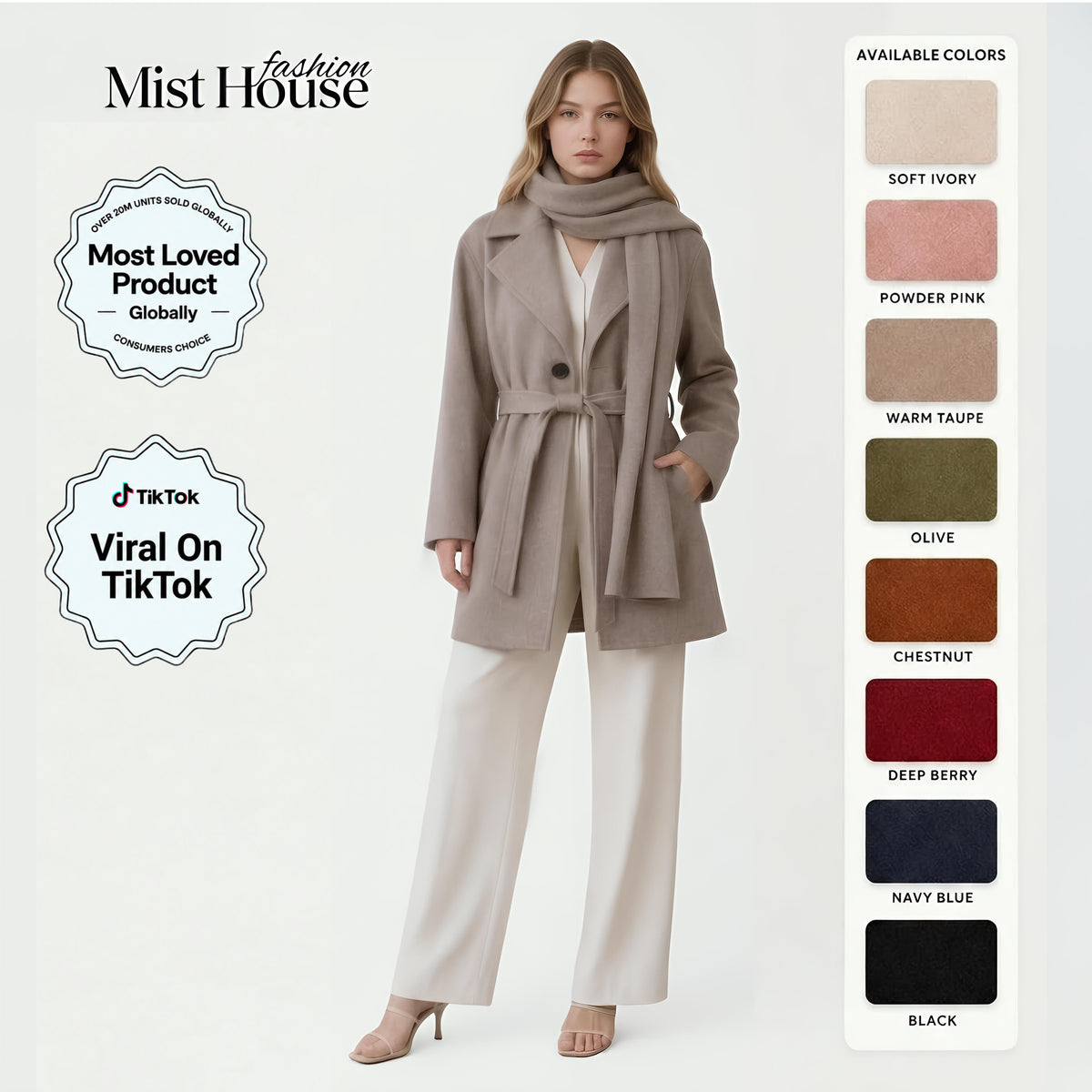 MH Deluxe Feels Like Wool Two Piece Belted Trench With Detachable Scarf Coat, One Size Uk 10-20, Length 34 inches, chest25 inches