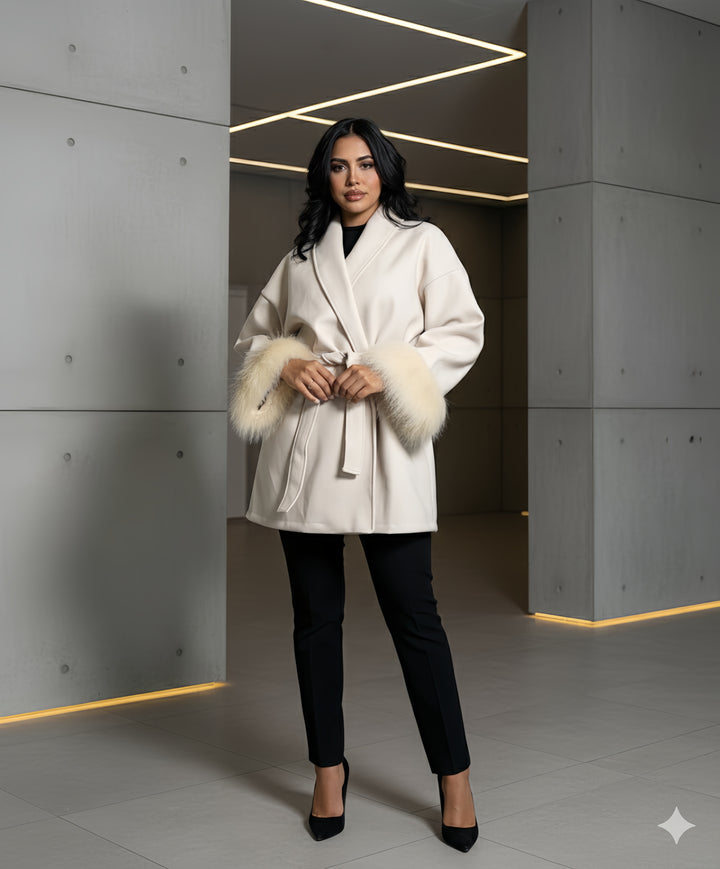 Mist House Fashion Women's Premium Lapel Coat with Faux Fur Sleeves, Belt & Pockets - Women's Jacket - Womenswear, Jackets