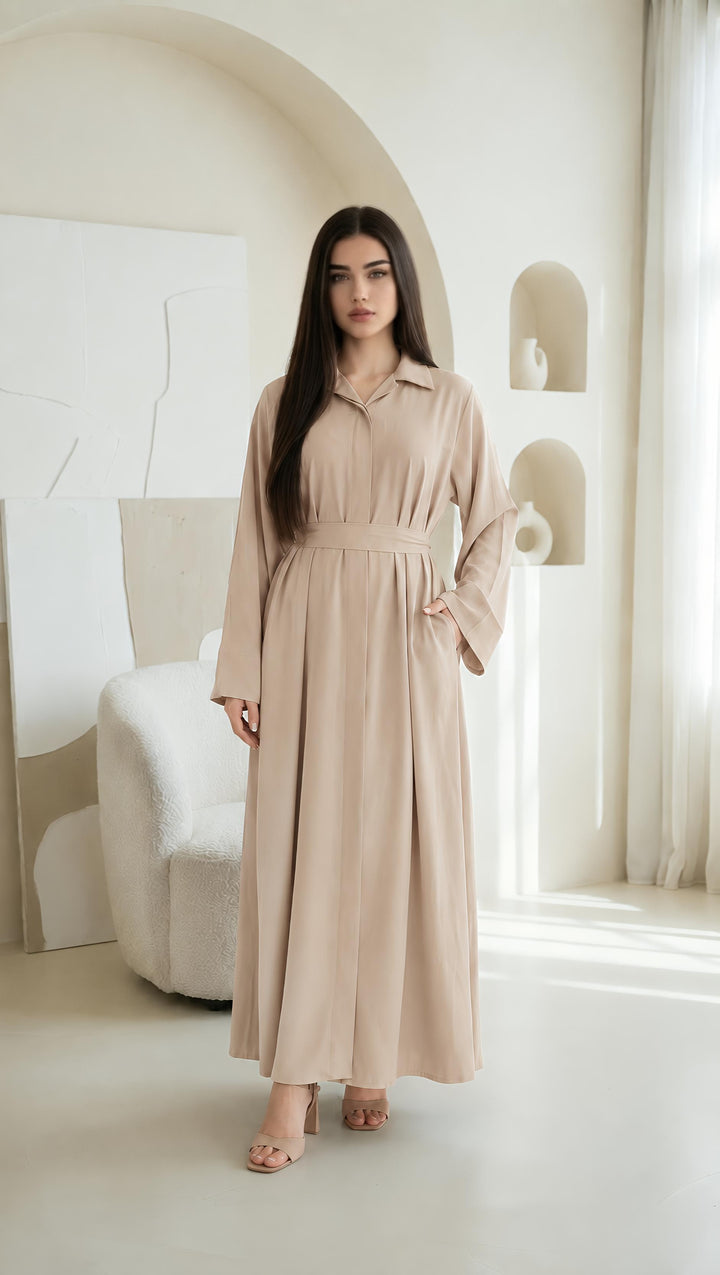MH Collar Dress with open buttons, Pockets and Belt, One Size UK 8-16, Dress Length 54 inches, Chest Size 23 inches,  Casual Womenswear Summer Maxi Basic Collared Long Sleeve