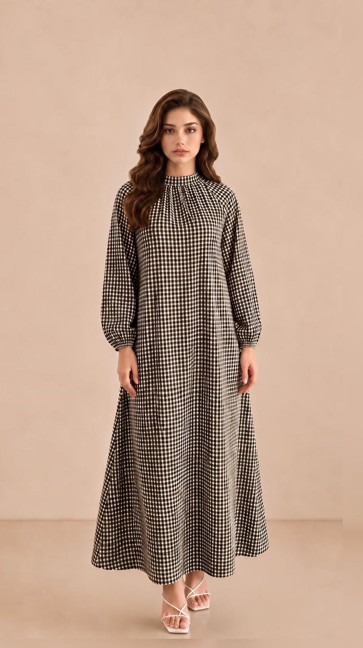 MH Check Dress, One Size UK 10-20, Dress length 54 inches, Chest Size 26 inches,  Casual Womenswear Summer Long Sleeve Maxi