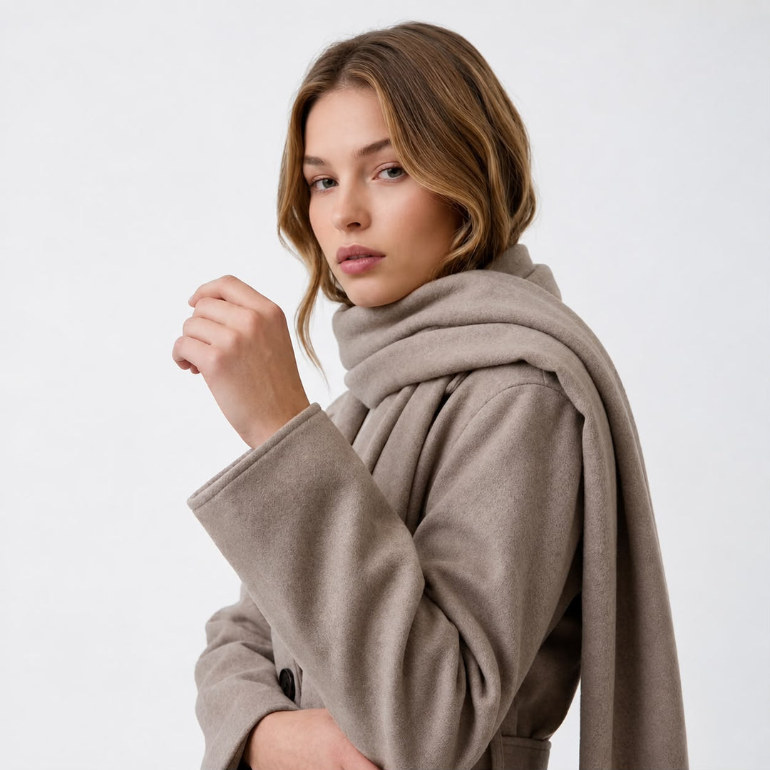 MH Deluxe Feels Like Wool Two Piece Belted Trench With Detachable Scarf Coat, One Size Uk 10-20, Length 34 inches, chest25 inches