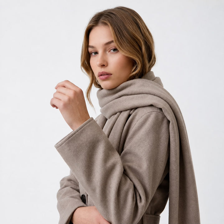 MH Deluxe Feels Like Wool Two Piece Belted Trench With Detachable Scarf Coat, One Size Uk 10-20, Length 34 inches, chest25 inches