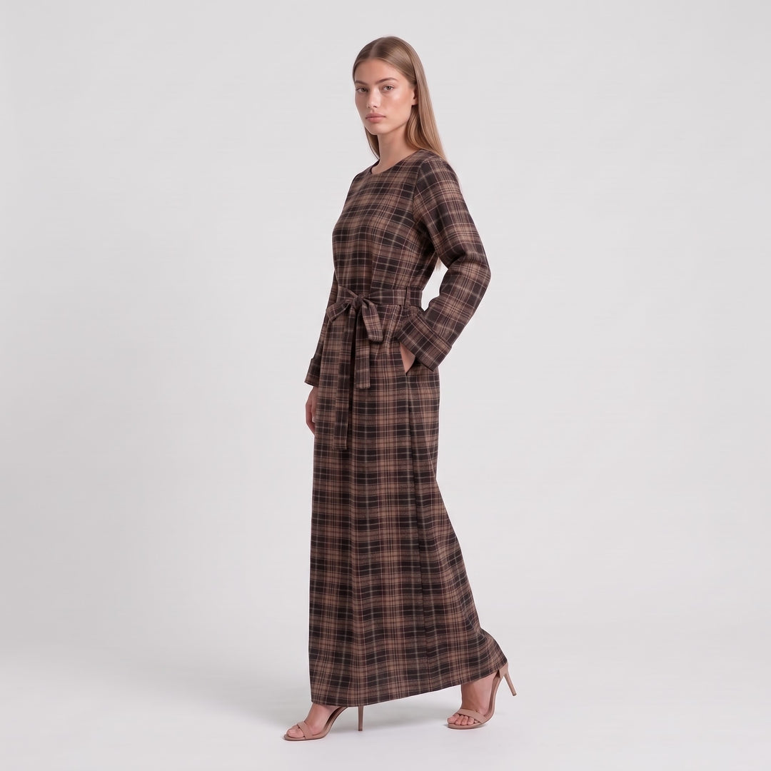 MH Premium Check Long Dress with Pockets and Belt, One Size UK 8-16/18, Dress length 54 inches & Chest 23 inches,  Casual Womenswear