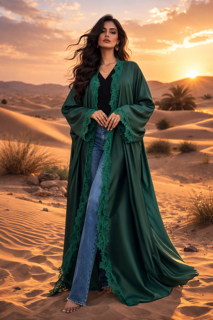 MH Silk Satin Laced Open Abaya, One Size UK 8-20, Length 54 inches, Chest Size 30 inches