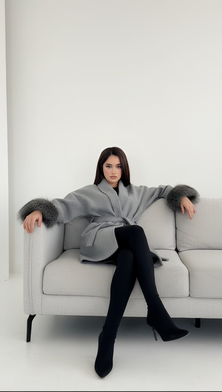 Mist House Fashion Women's Premium Lapel Coat with Faux Fur Sleeves, Belt & Pockets - Women's Jacket - Womenswear, Jackets