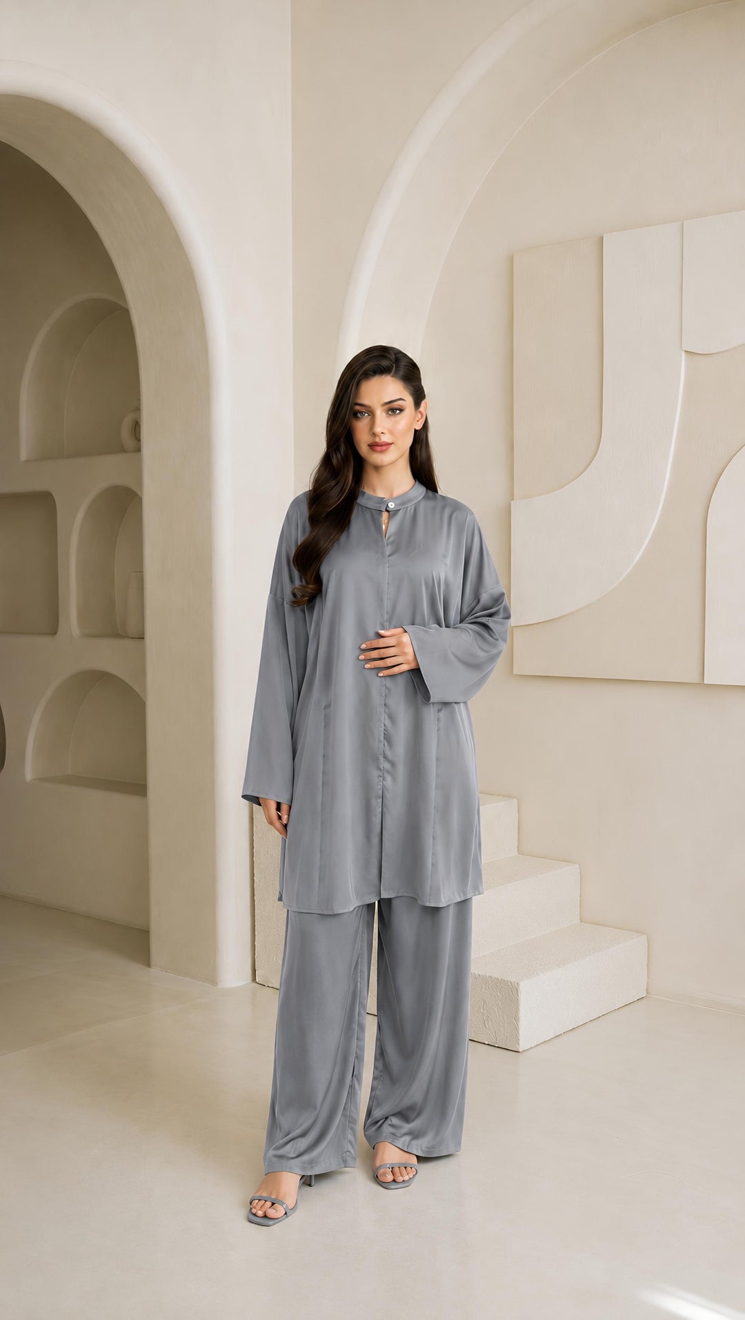MH Leightweight Silk Satin Co-ord Set, One Size UK 10-18, Shirt length 31 inches, chest size 28 inches, trouser length 40 inches, waist 22 inches