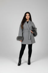 Mist House Fashion Women's Premium Lapel Coat with Faux Fur Sleeves, Belt & Pockets