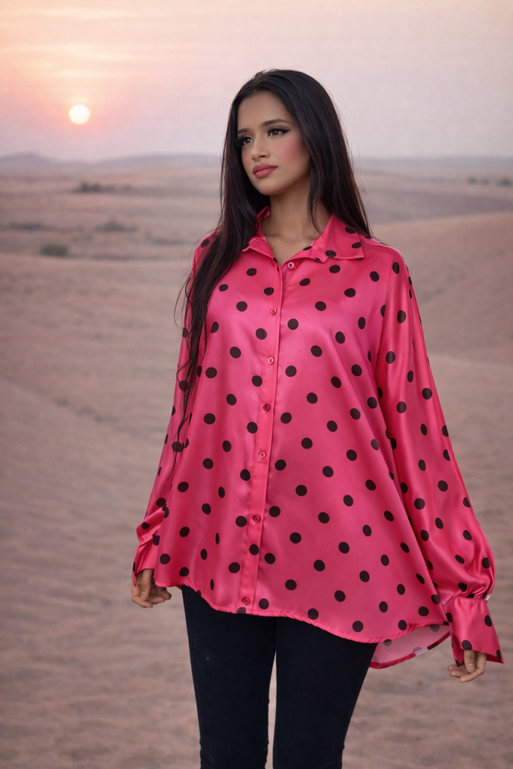 MH Silk Satin Collared Neck Polka Dot Shirt, One Size UK 8 to 18, length 25 inches, chest size 24 inches Top Womenswear Collared