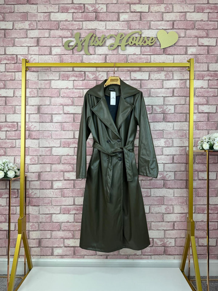 Leather Trench Coat WITH BELT & POCKETS Faux Leather