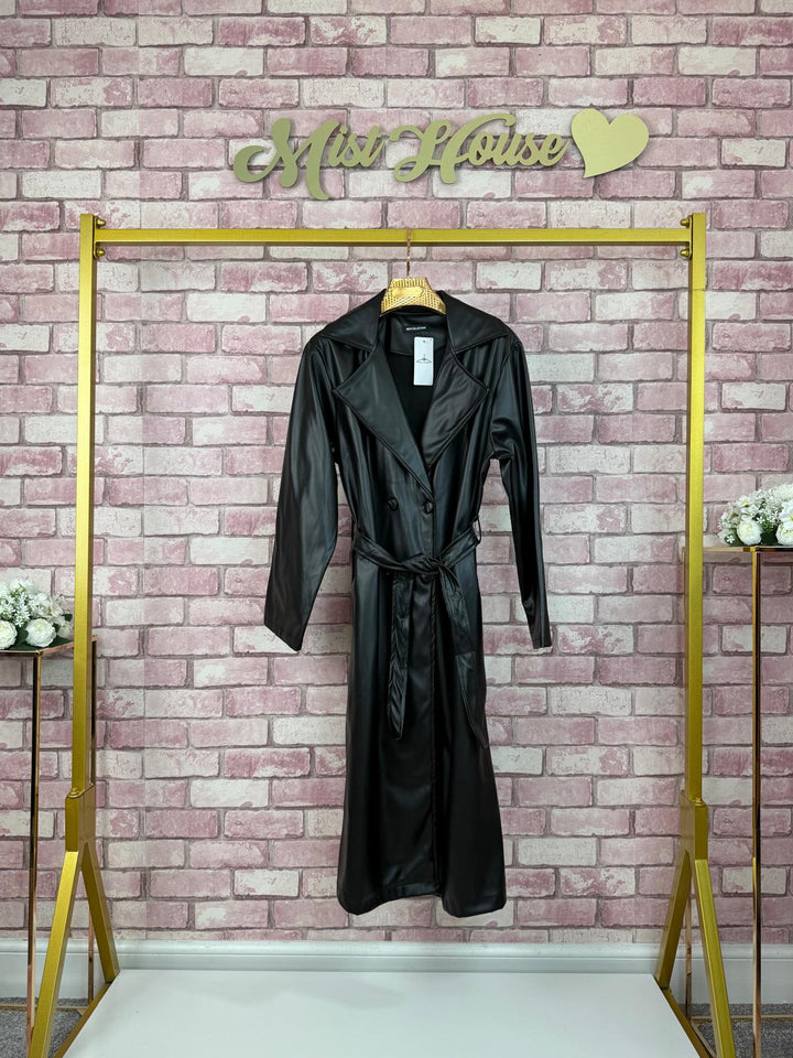 Leather Trench Coat WITH BELT & POCKETS Faux Leather
