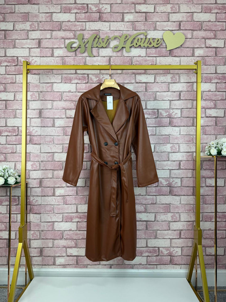 Leather Trench Coat WITH BELT & POCKETS Faux Leather