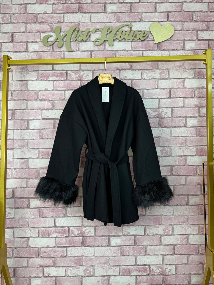 Mist House Fashion Women's Premium Lapel Coat with Faux Fur Sleeves, Belt & Pockets - Women's Jacket - Womenswear, Jackets