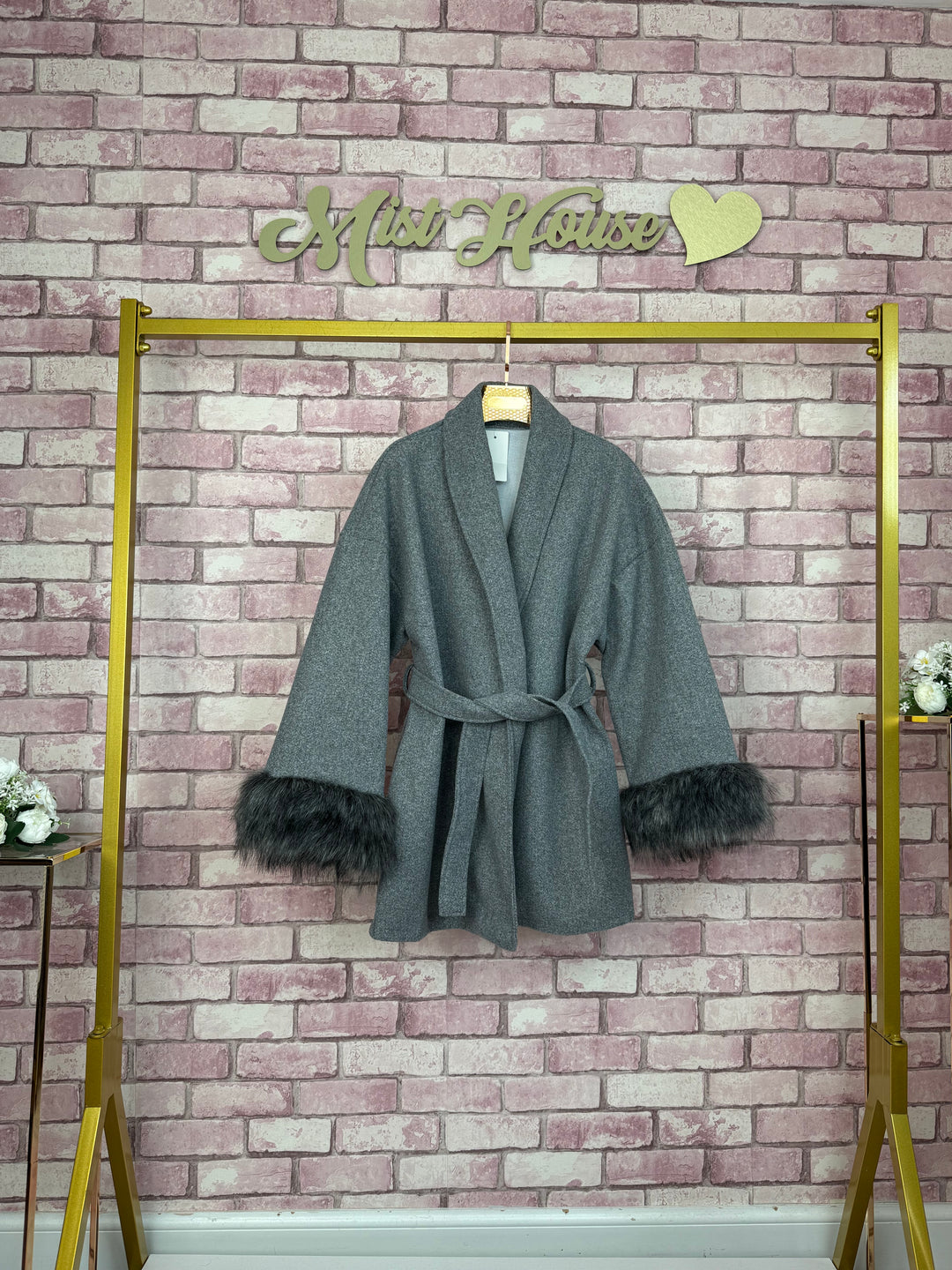 Mist House Fashion Women's Premium Lapel Coat with Faux Fur Sleeves, Belt & Pockets - Women's Jacket - Womenswear, Jackets