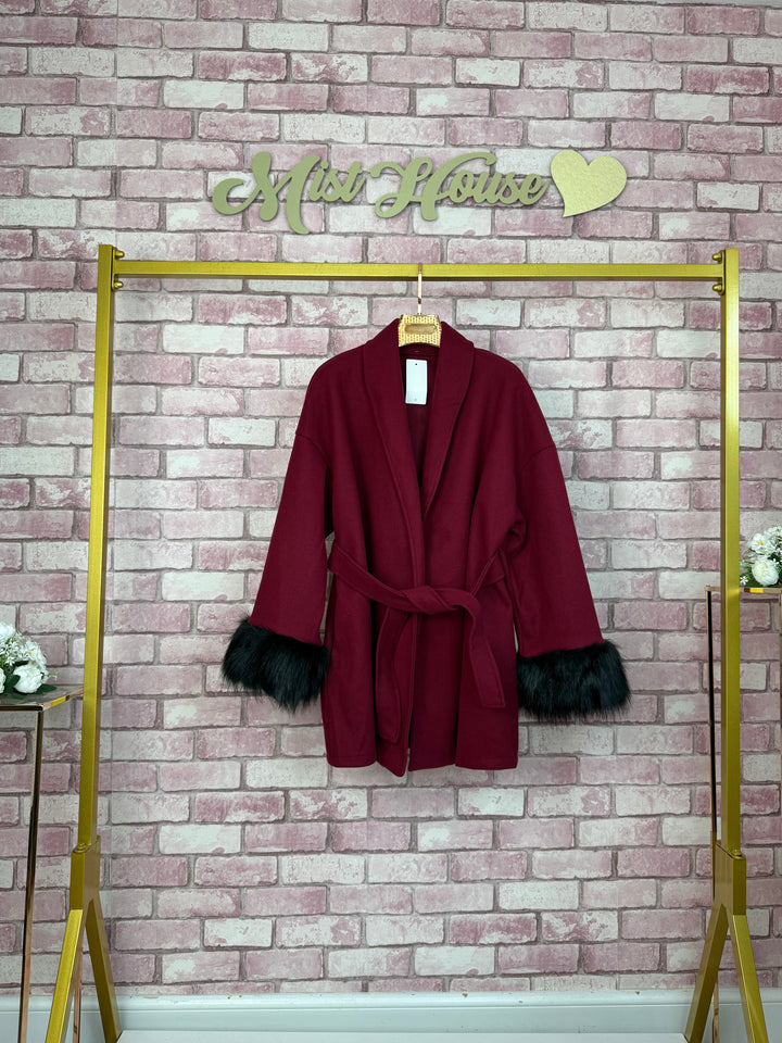 Mist House Fashion Women's Premium Lapel Coat with Faux Fur Sleeves, Belt & Pockets - Women's Jacket - Womenswear, Jackets