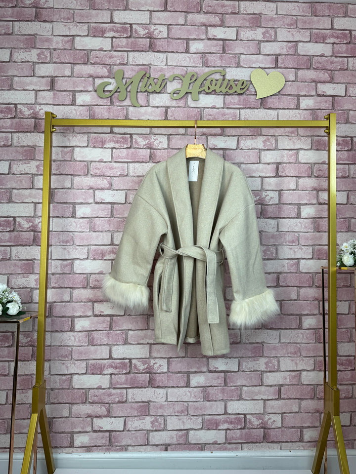 Mist House Fashion Women's Premium Lapel Coat with Faux Fur Sleeves, Belt & Pockets - Women's Jacket - Womenswear, Jackets