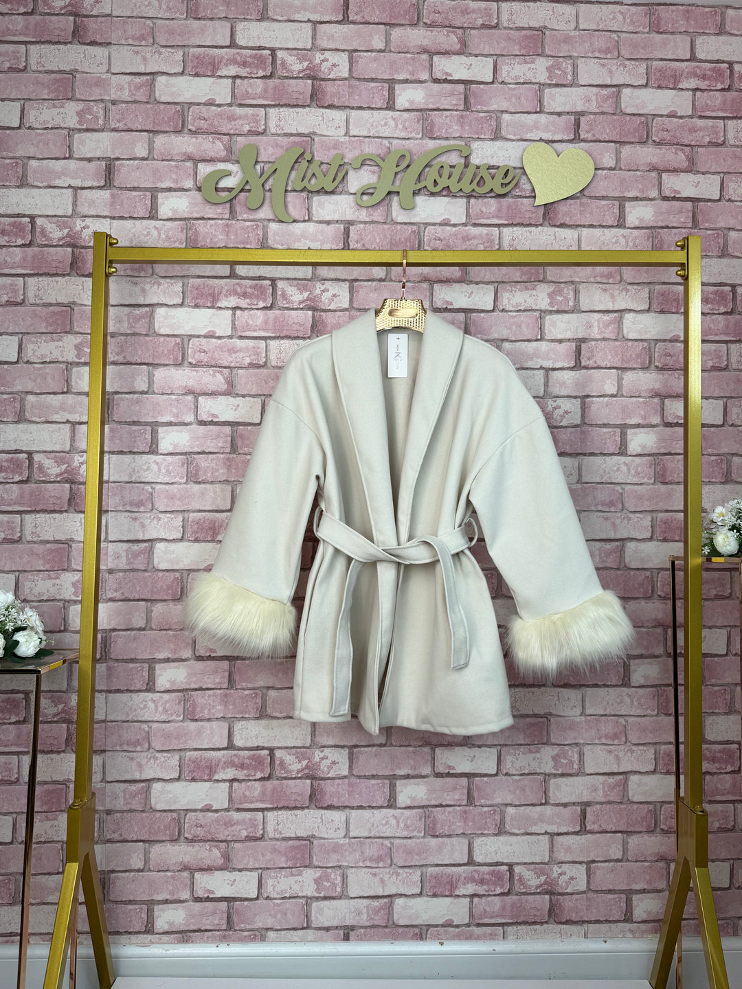 Mist House Fashion Women's Premium Lapel Coat with Faux Fur Sleeves, Belt & Pockets - Women's Jacket - Womenswear, Jackets