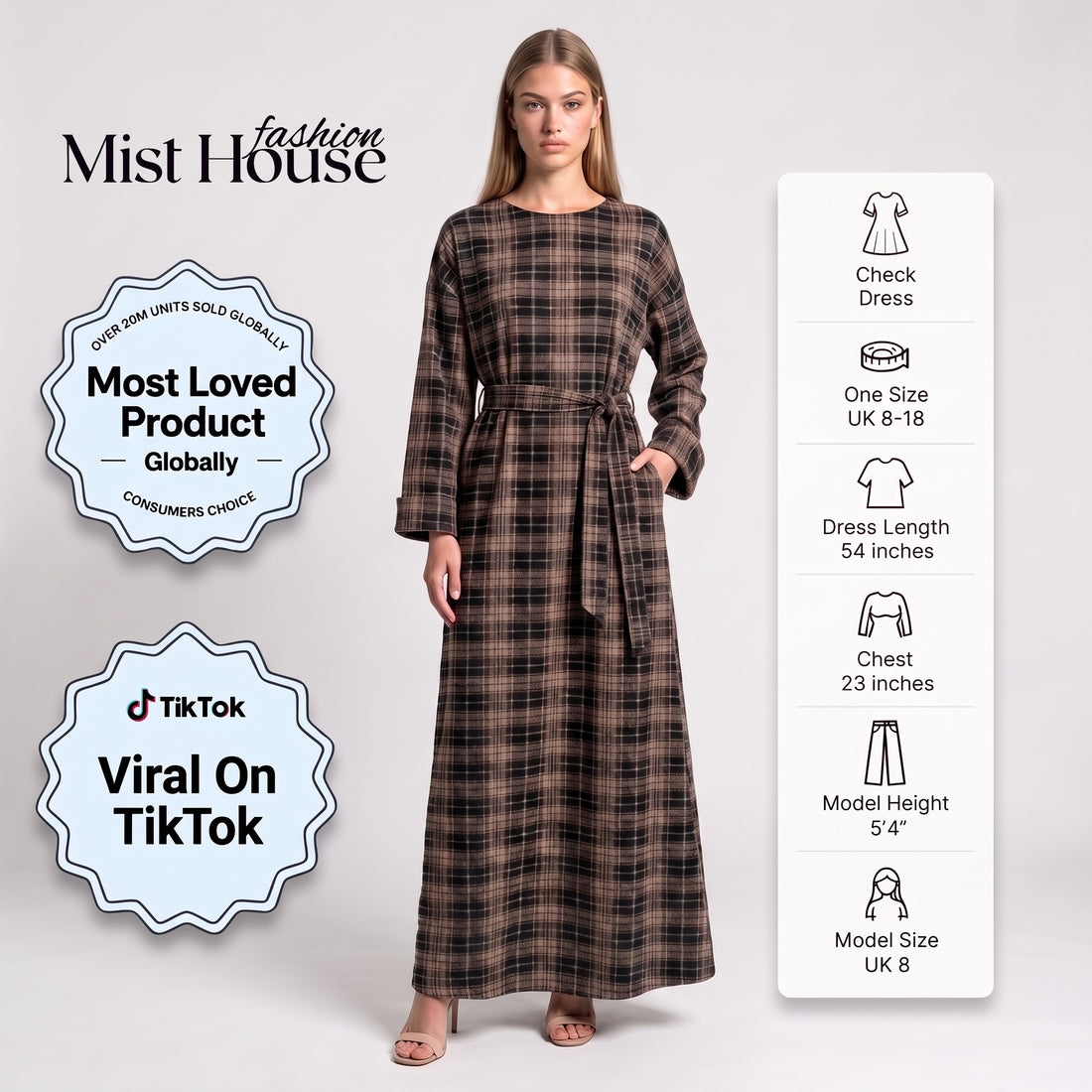 MH Premium Check Long Dress with Pockets and Belt