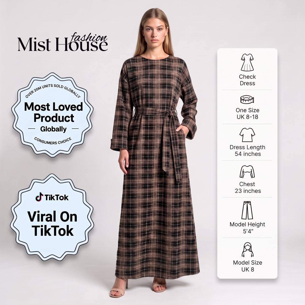 MH Premium Check Long Dress with Pockets and Belt, One Size UK 8-16/18, Dress length 54 inches & Chest 23 inches,  Casual Womenswear
