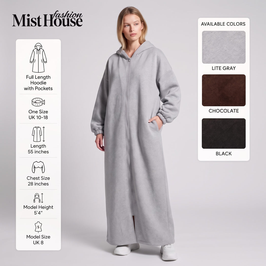MH Full Length Hoodie with Pockets, One Size UK 10-18. Length 55 inches, Chest size 28 inches,  Casual Womenswear Long Sleeve
