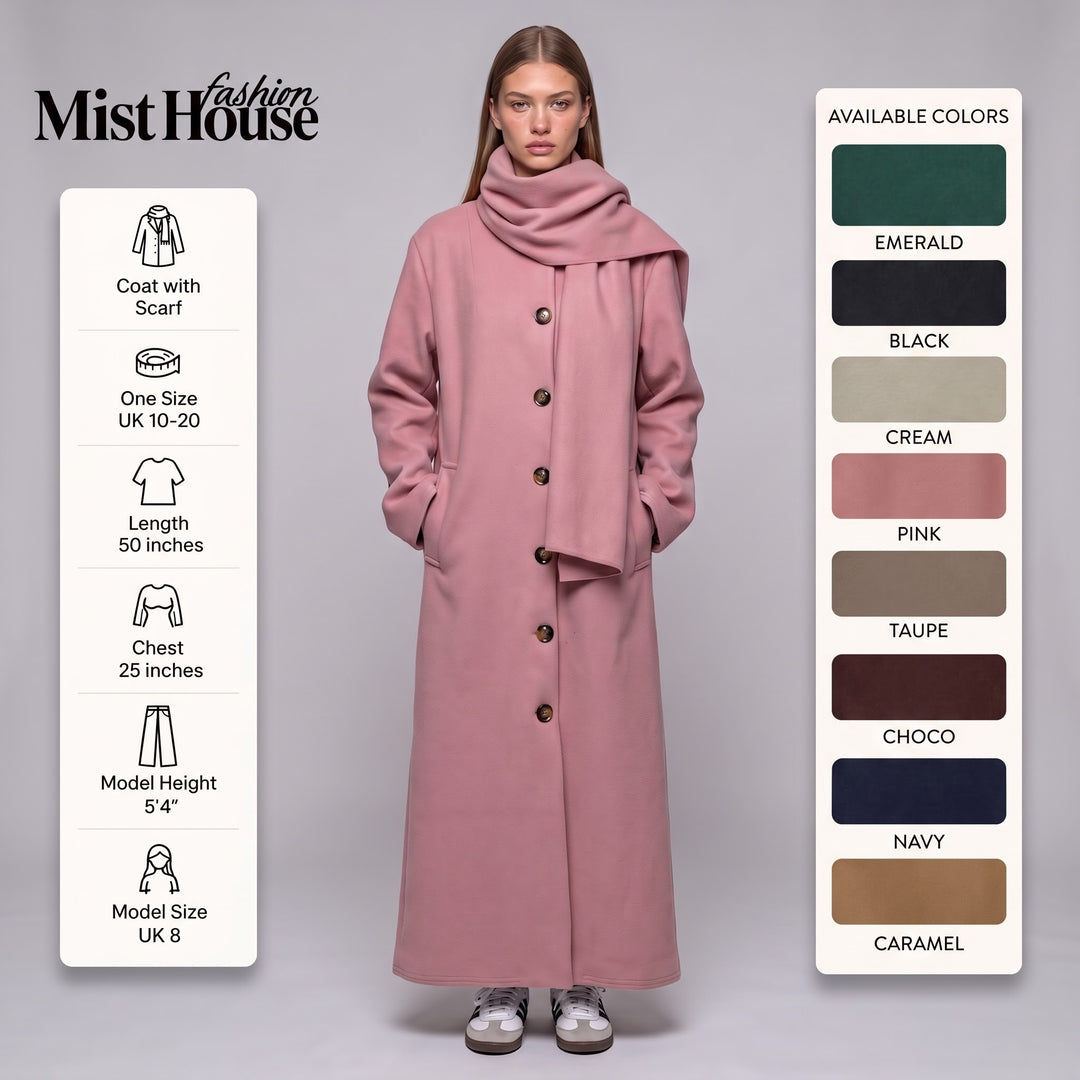 MH Long Coat with Scarf & Pockets, One Size UK 10-20, Length 50 inches & Chest 25 inches,