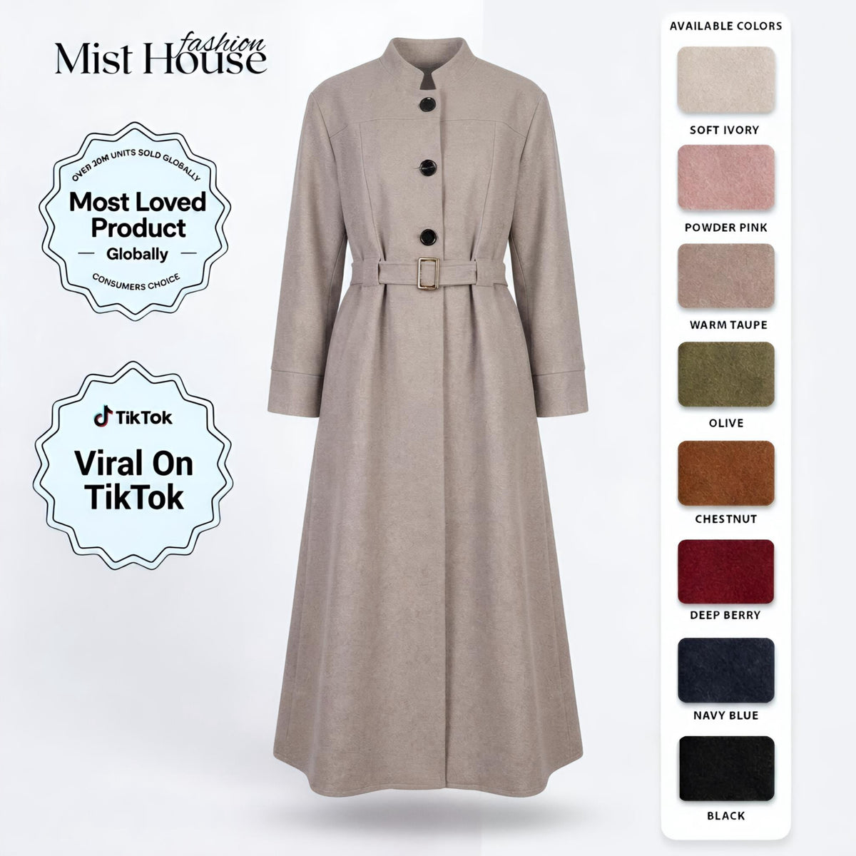 MH Wool Blend Jacket with Belt, One Size UK 10-18, Length 50 inches & Chest 25 inches Tops Womenswear