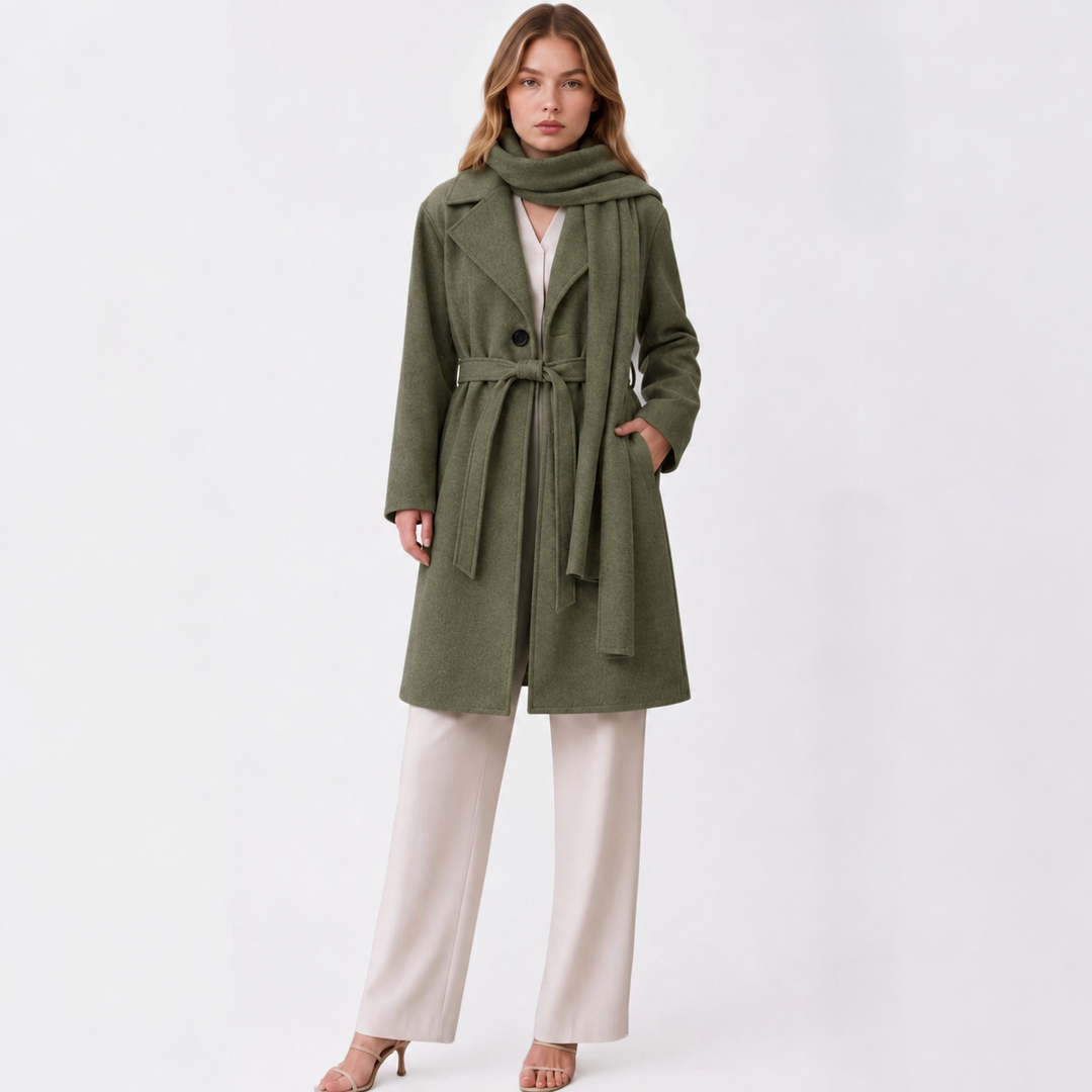MH Deluxe Feels Like Wool Two Piece Belted Trench With Detachable Scarf Coat, One Size Uk 10-20, Length 34 inches, chest25 inches