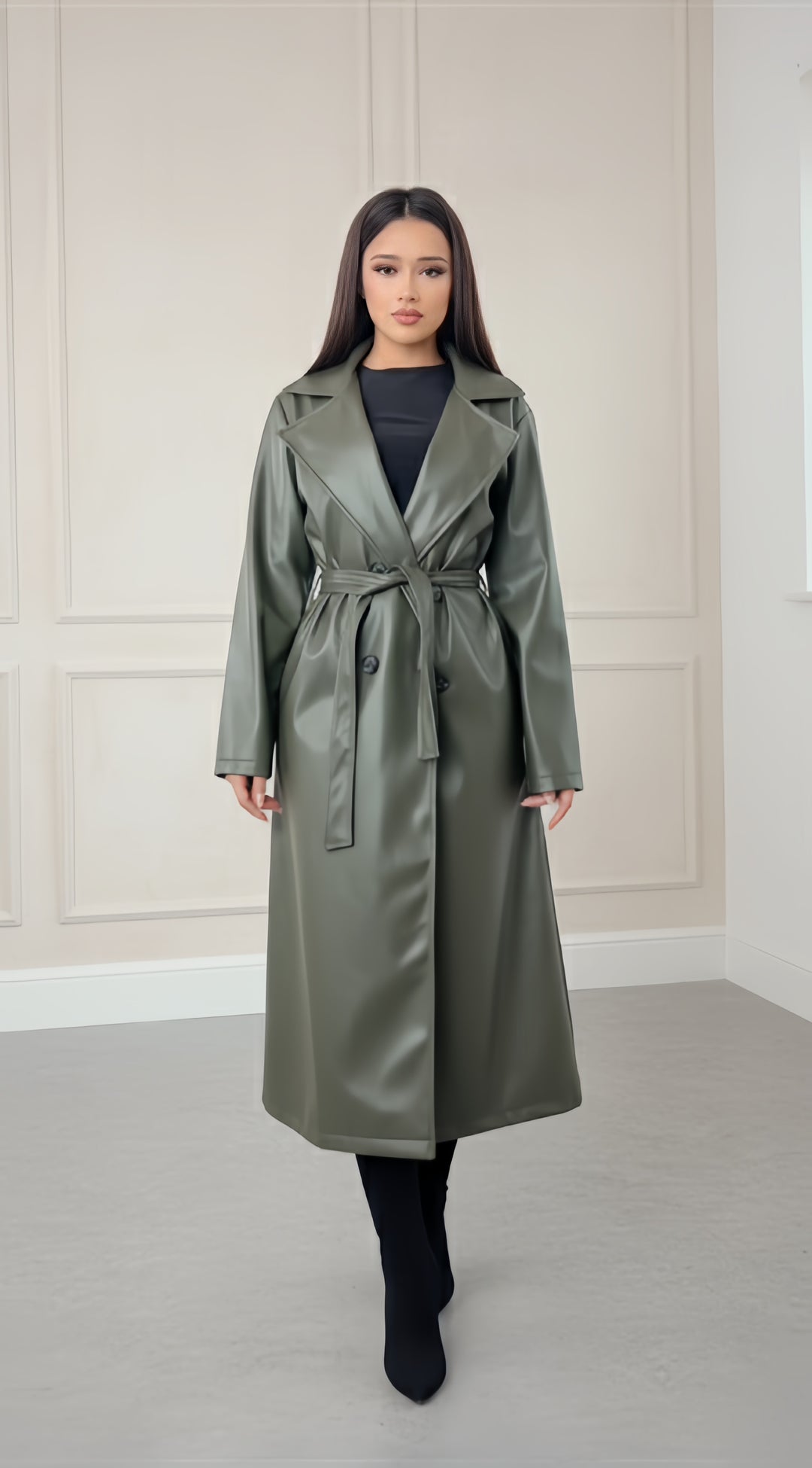 Leather Trench Coat WITH BELT & POCKETS Faux Leather
