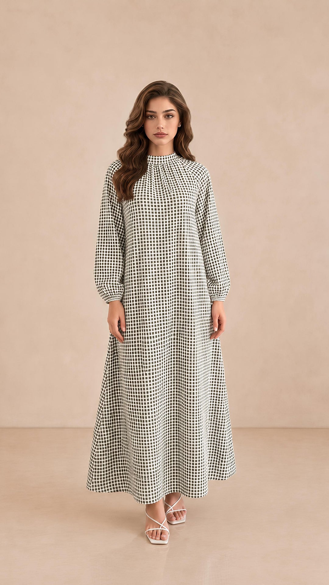 MH Check Dress, One Size UK 10-20, Dress length 54 inches, Chest Size 26 inches,  Casual Womenswear Summer Long Sleeve Maxi