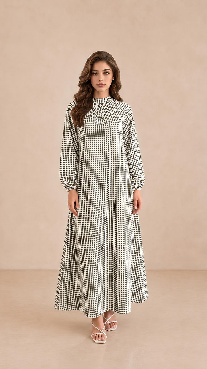 MH Check Dress, One Size UK 10-20, Dress length 54 inches, Chest Size 26 inches,  Casual Womenswear Summer Long Sleeve Maxi