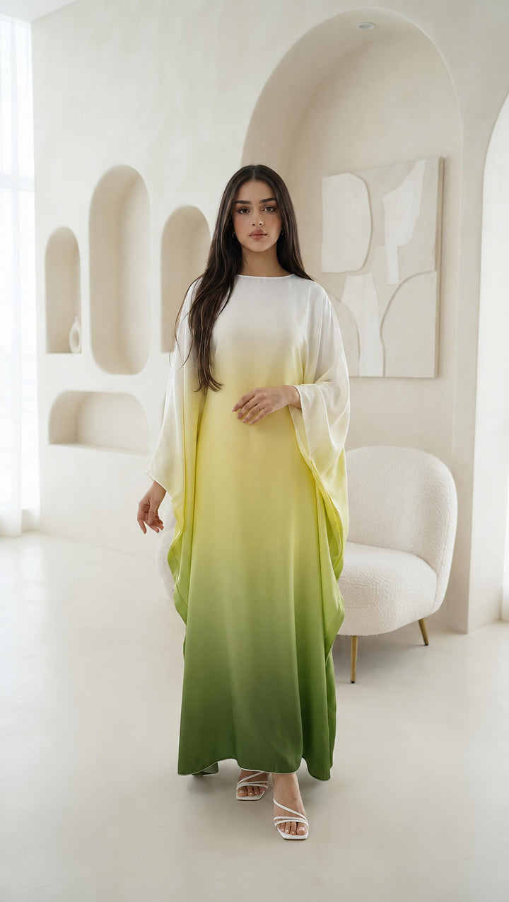 Ombré Luxe Satin Batwing Kaftan Abaya Dress One Size (UK 6-26) With Inside Belt Length 54 inches Inside Belt