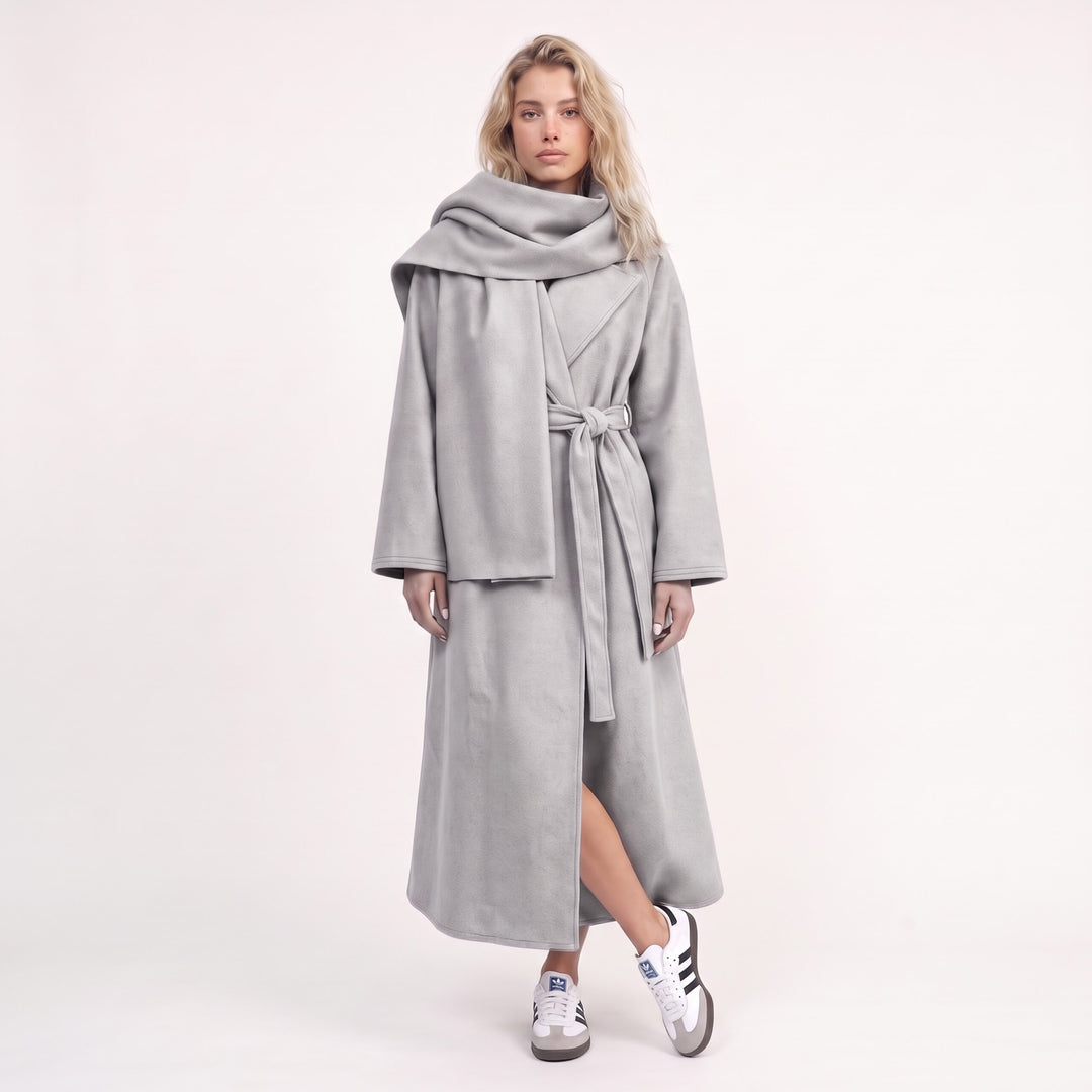 MH {AMANI} Deluxe Wool blend Two Piece Belted Trench With Detachable Scarf Coat, One Size Uk 10-20, Length 48 inches, chest25 inches