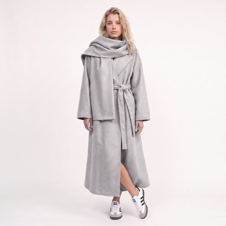 MH {AMANI} Deluxe Wool blend Two Piece Belted Trench With Detachable Scarf Coat, One Size Uk 10-20, Length 48 inches, chest25 inches