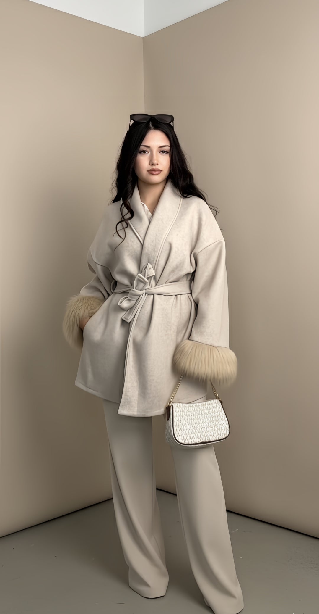 Mist House Fashion Women's Premium Lapel Coat with Faux Fur Sleeves, Belt & Pockets - Women's Jacket - Womenswear, Jackets