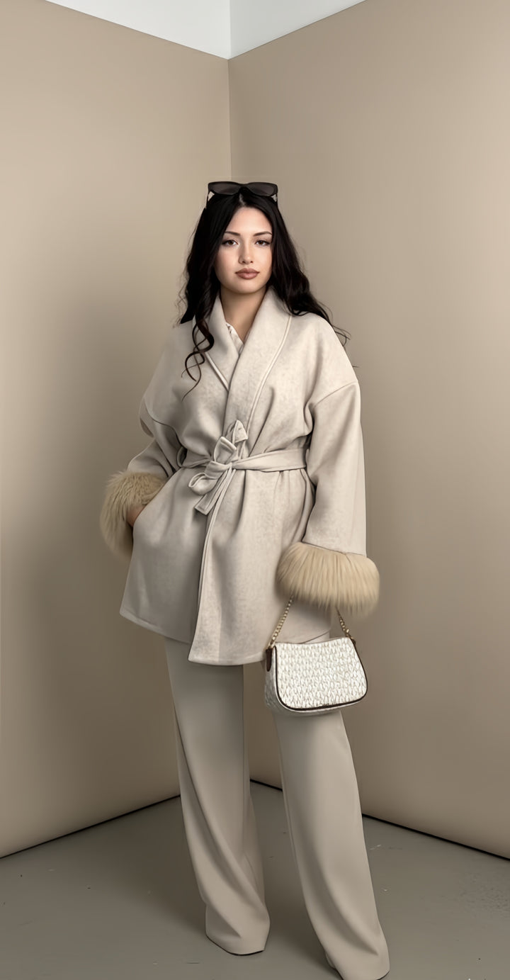 Mist House Fashion Women's Premium Lapel Coat with Faux Fur Sleeves, Belt & Pockets - Women's Jacket - Womenswear, Jackets