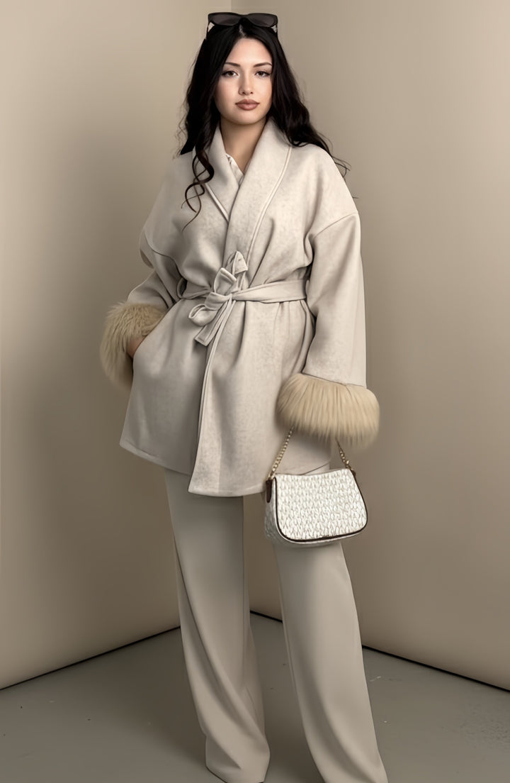 Mist House Fashion Women's Premium Lapel Coat with Faux Fur Sleeves, Belt & Pockets - Women's Jacket - Womenswear, Jackets