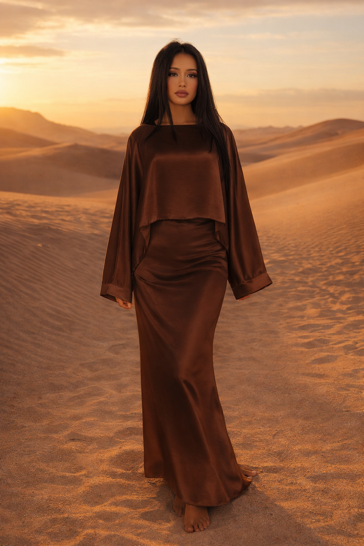 MH Cape/Overlay Maxi Dress Silk Crepe , One Size UK 8-16, Dress length 54 inches, Chest Size 23 inches