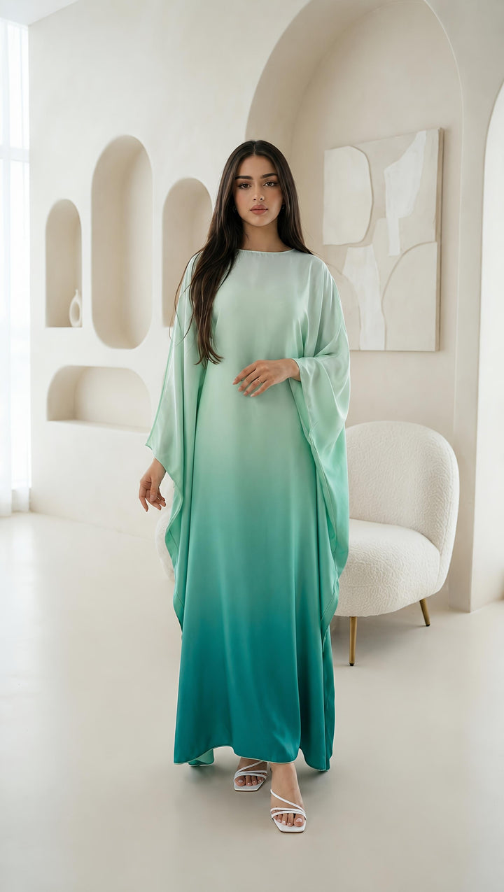 Ombré Luxe Satin Batwing Kaftan Abaya Dress One Size (UK 6-26) With Inside Belt Length 54 inches Inside Belt