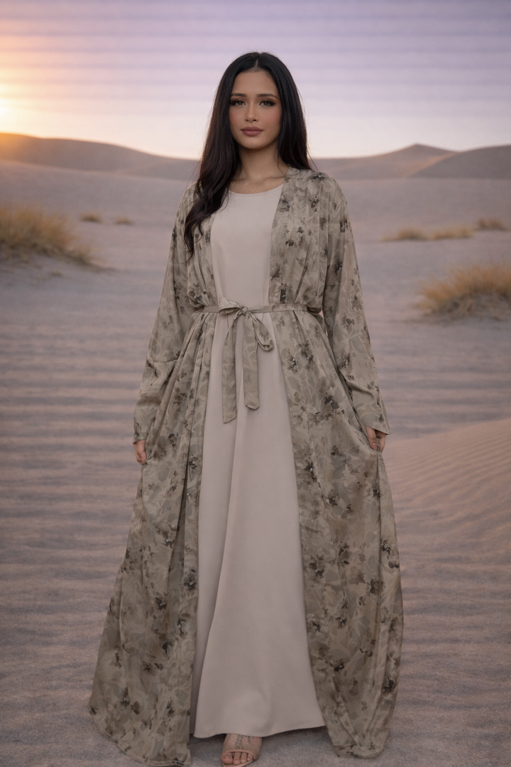 MH Layaan Silk Two Piece Abaya with Belt, One Size UK 10-20, 56 Inches Long, Inner chest Size 23 inches, Outer chest 26 inches