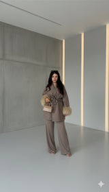 Mist House Fashion Women's Premium Lapel Coat with Faux Fur Sleeves, Belt & Pockets