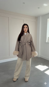 Mist House Fashion Women's Premium Lapel Coat with Faux Fur Sleeves, Belt & Pockets