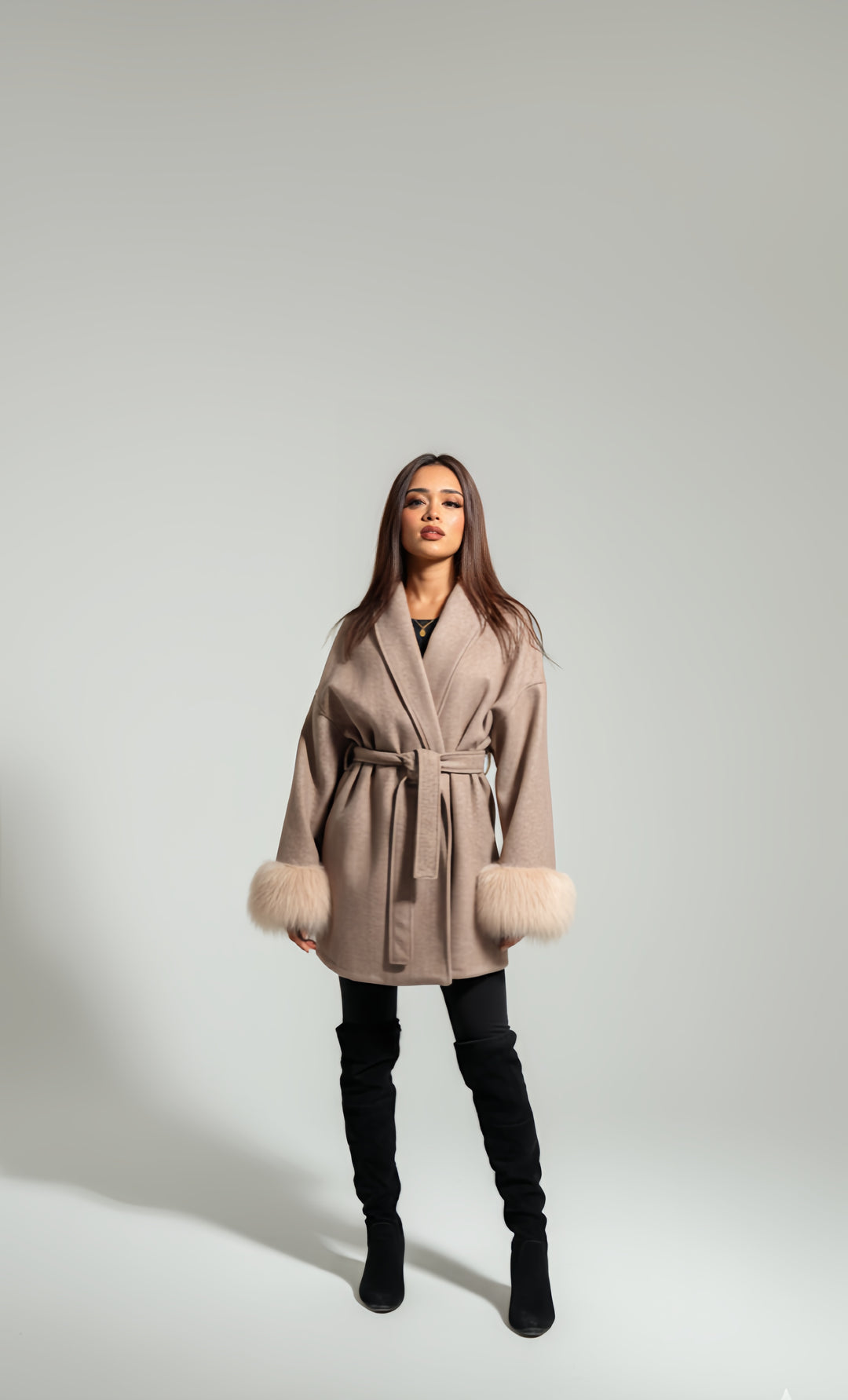 Mist House Fashion Women's Premium Lapel Coat with Faux Fur Sleeves, Belt & Pockets - Women's Jacket - Womenswear, Jackets