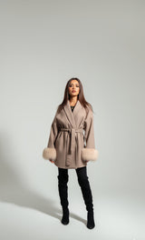 Mist House Fashion Women's Premium Lapel Coat with Faux Fur Sleeves, Belt & Pockets